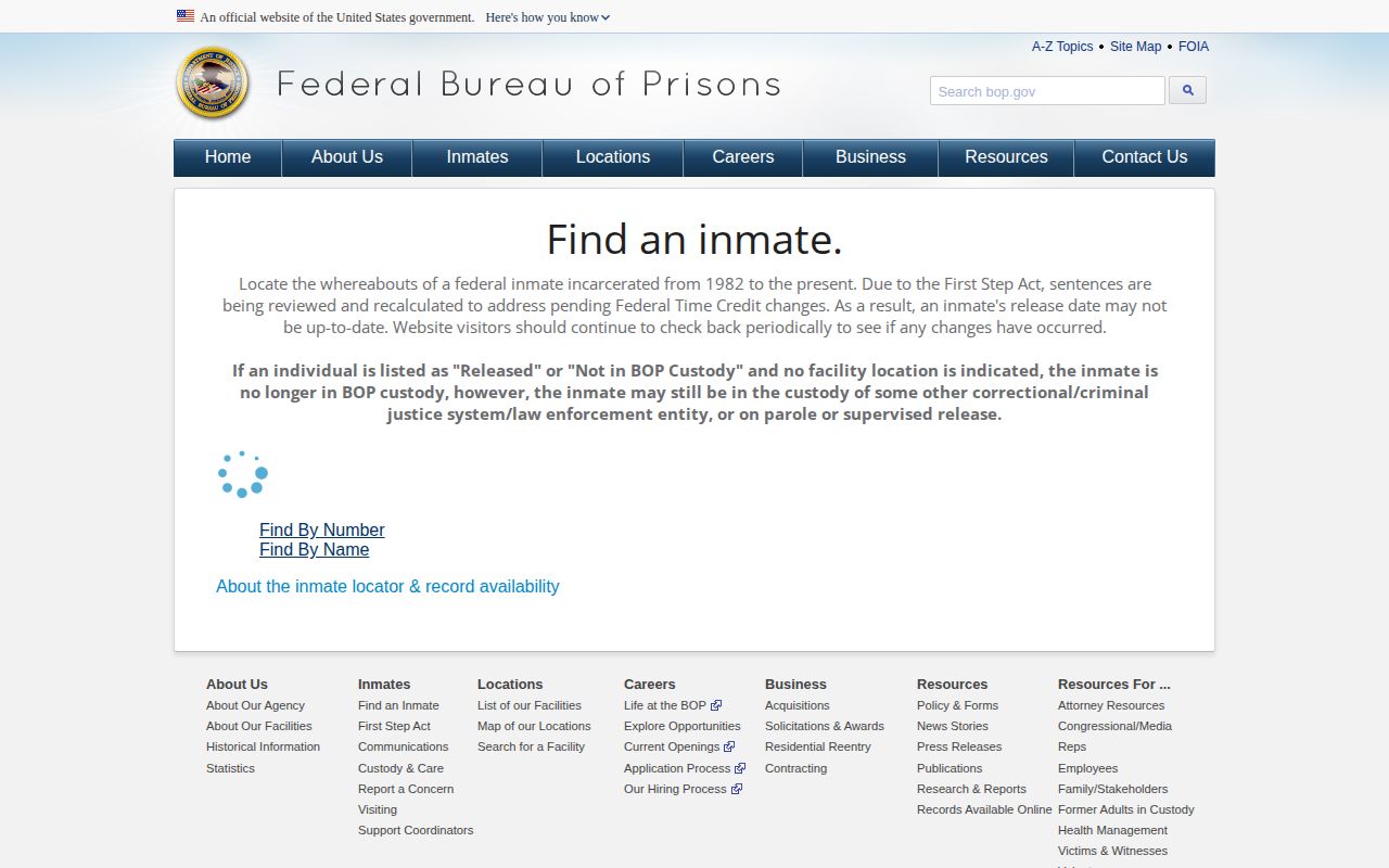 Federal BOP locator for a Minnesota federal inmate release