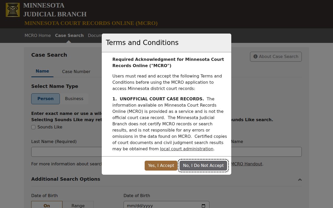 MCRO case search for Minnesota release record evidence