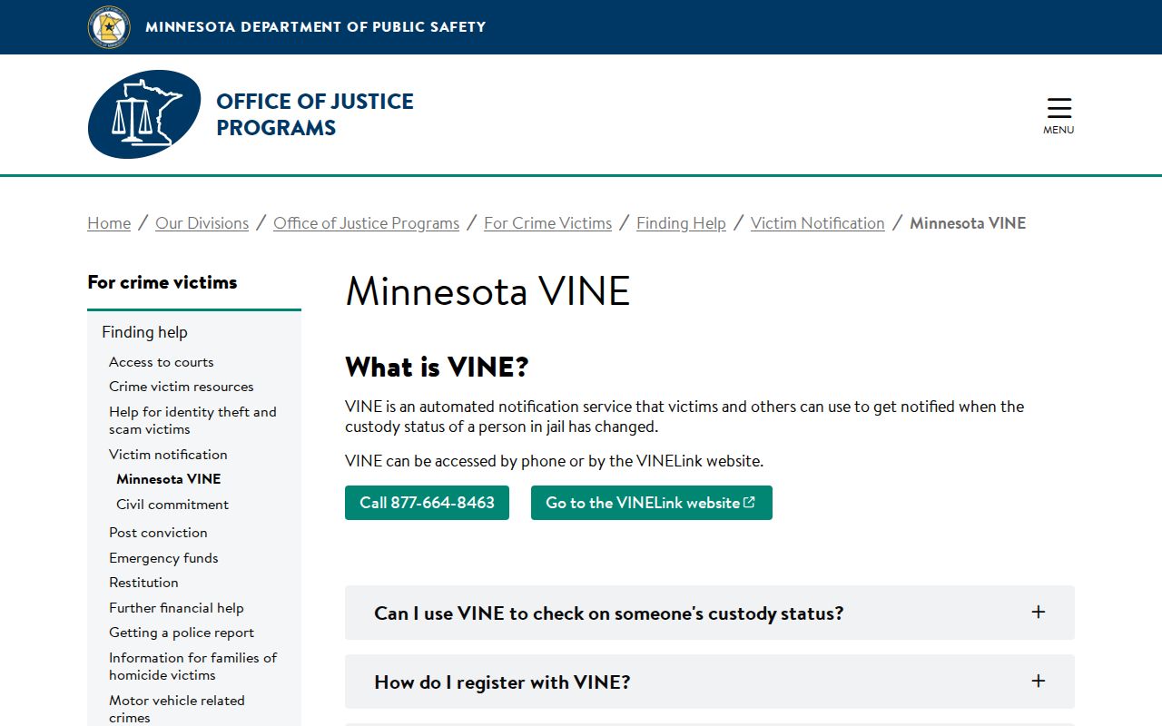 Minnesota VINELink release search and registration guidance