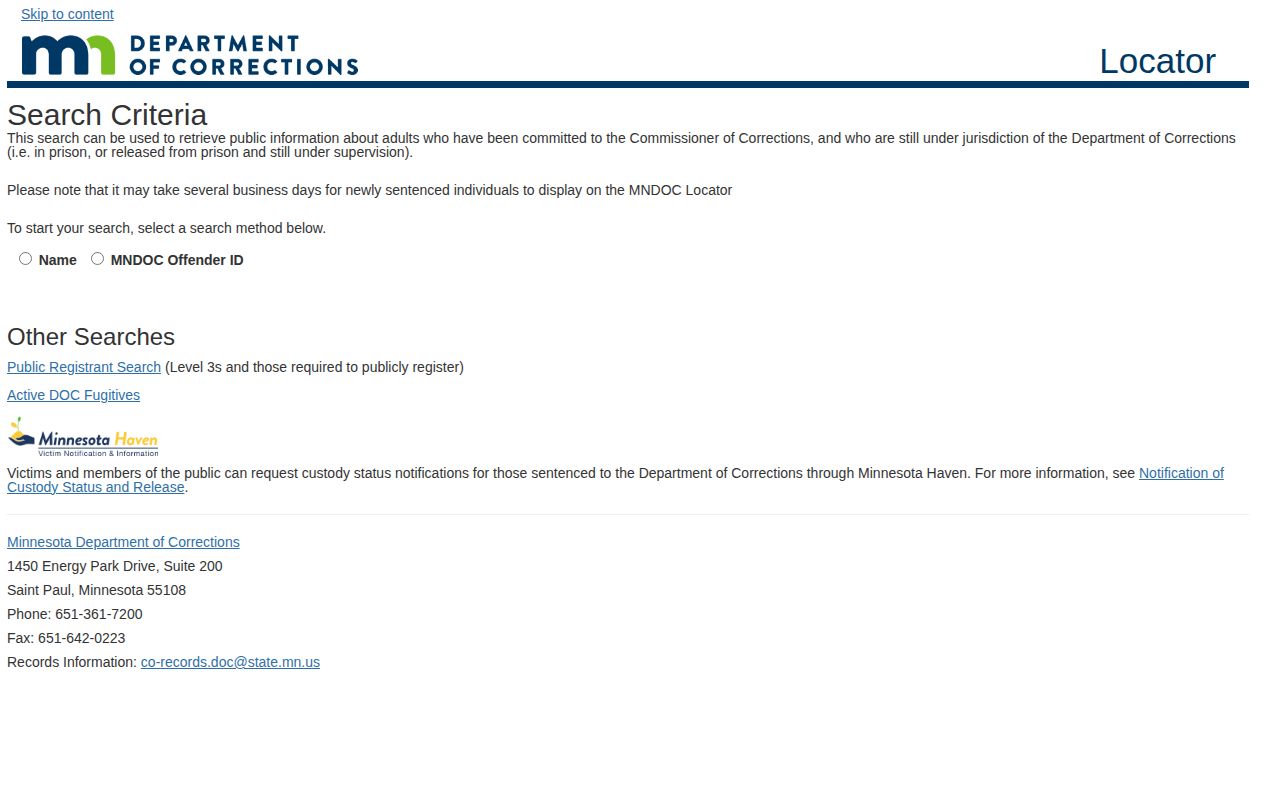 MNDOC offender search form for Minnesota released inmates